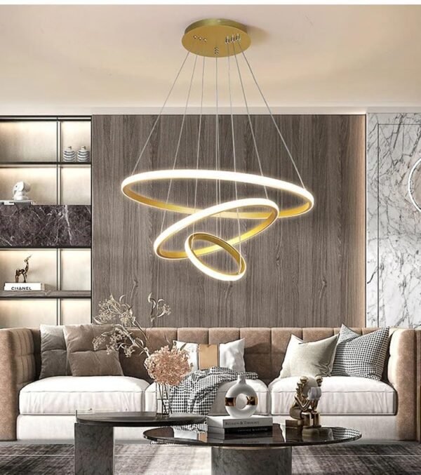 swanart Modern LED Chandelier, Dimmable 3-Ring Pendant Light Height