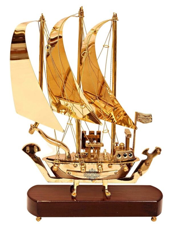 Indian Art Villa Brass Ship with Wooden Base, Showpiece Item, Perfect for Home